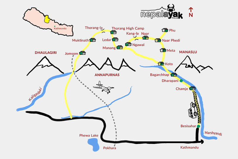Itinéraire du Trekking du Tour des Annapurnas par la Vallée de Naar Phu